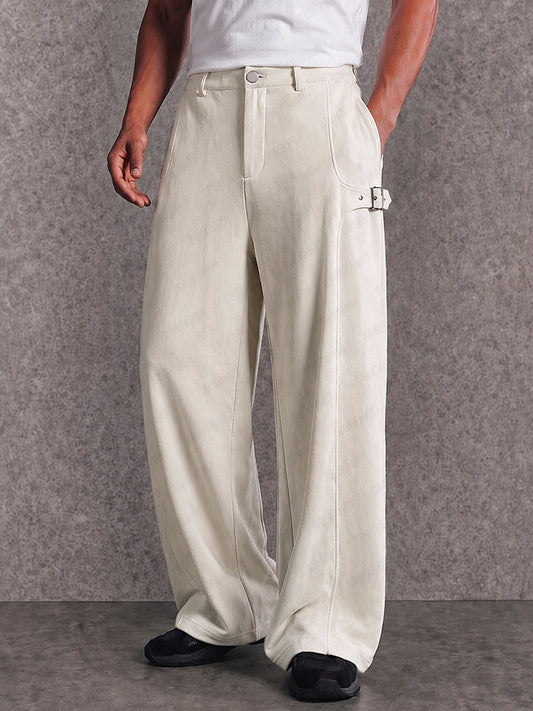 Urban Casual Metal Buckle Faux Suede Pants