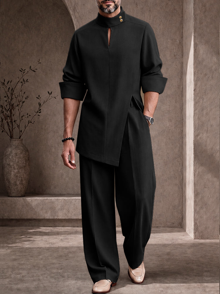 Casual Button-Neck Side Slit Shirt Pants Set