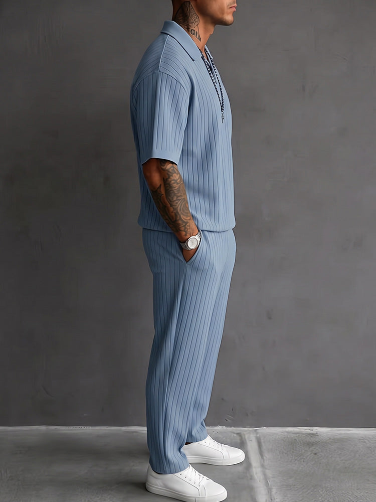 Solid Textured Polo Shirt and Trousers 2 Piece Set