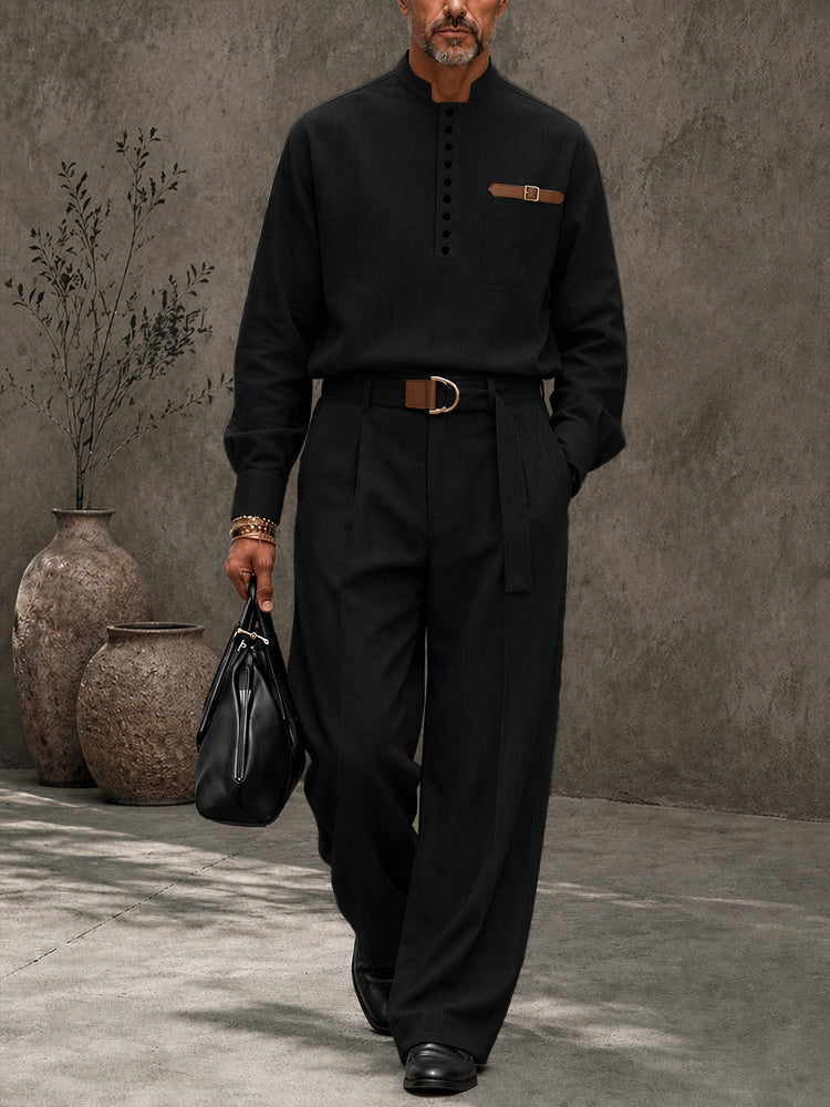 Modern Retro Half-Button Suit Shirt Pants Set