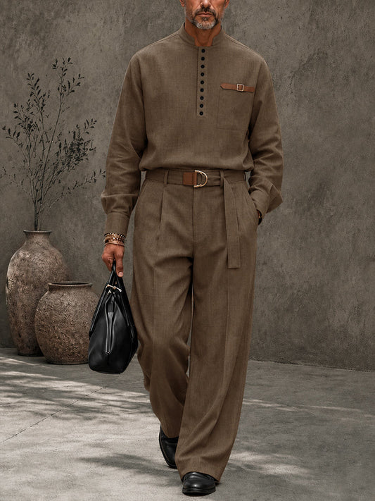 Modern Retro Half-Button Suit Shirt Pants Set
