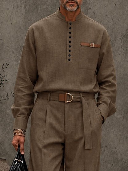 Modern Retro Half-Button Suit Shirt Pants Set