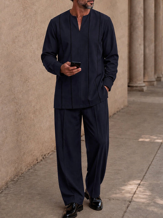 Casual Contrast Line Tunic Shirt Pants Set