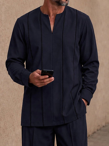 Casual Contrast Line Tunic Shirt Pants Set