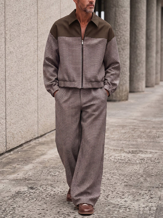Vintage Houndstooth Splicing Jacket Pants Set