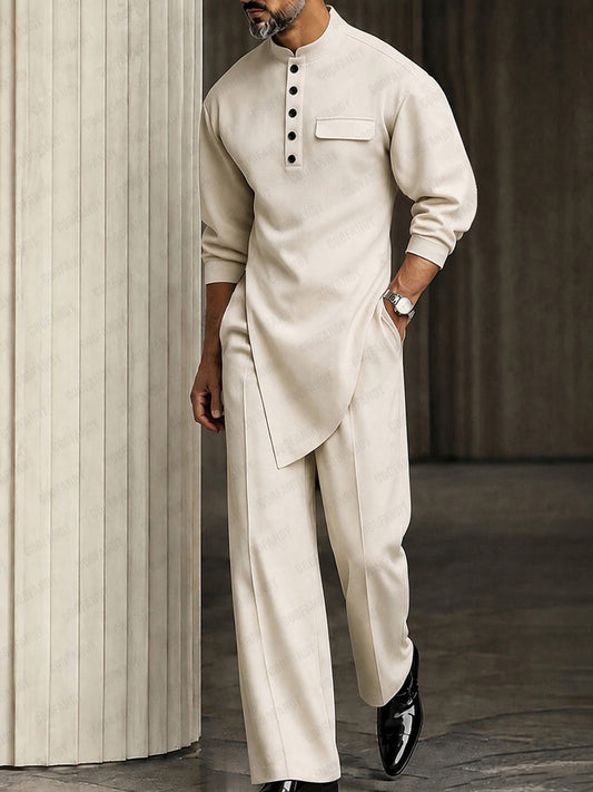 Trendy Casual Asymmetric Hem Shirt Pants Set