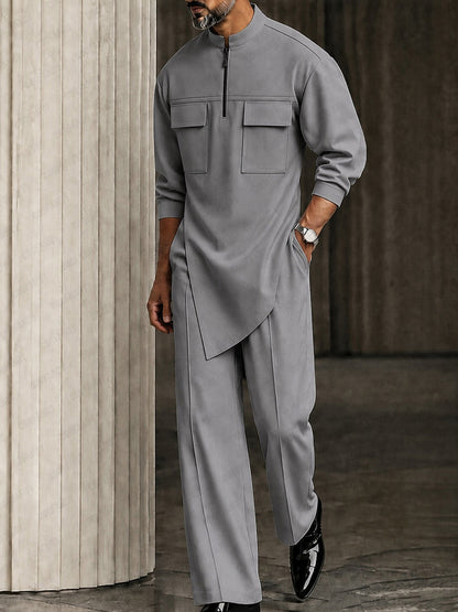 Stylish Asymmetric Hem Double Pocket Shirt Set