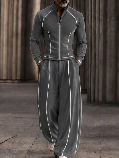 Fashion Contrast Stripe Mock Neck Matching Set