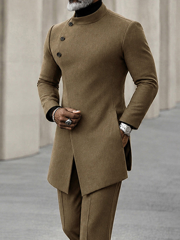 Minimalist Style Diagonal Placket Jacket Set