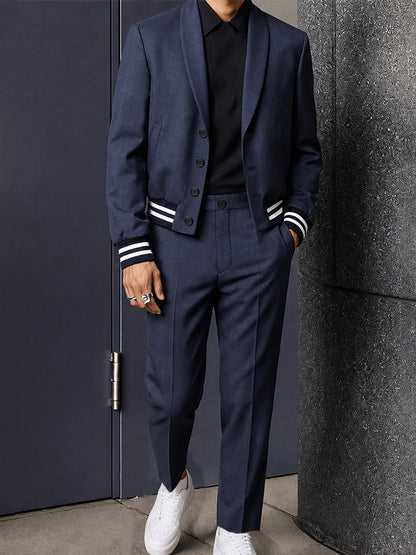Casual Contrast Stripe Cropped Blazer Suit Set