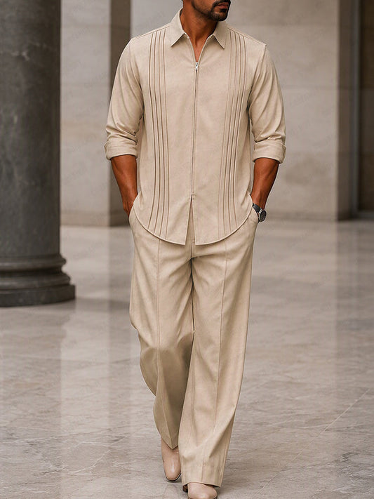Casual Front Pleated Zip-Up Shirt Pants Set