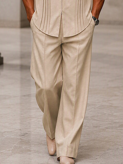 Casual Front Pleated Zip-Up Shirt Pants Set