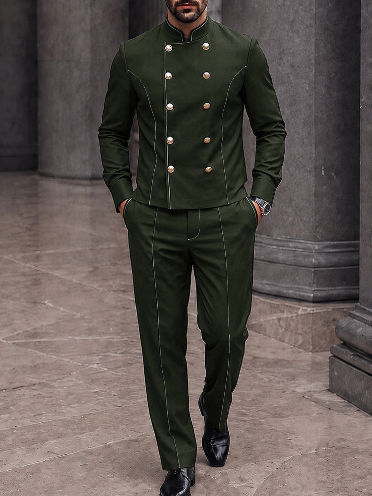 Sleek Contrast Piping Double Breasted Jacket Set