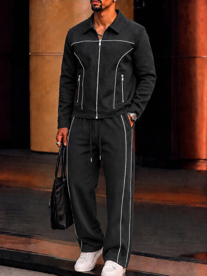 Sporty Contrast Line Jacket Pants Set
