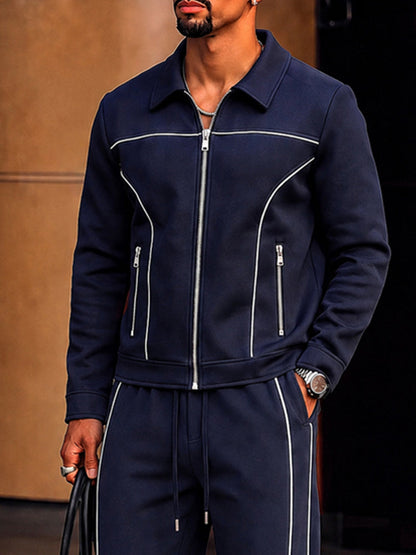 Sporty Contrast Line Jacket Pants Set