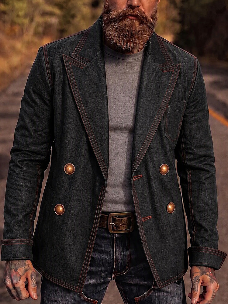 Vintage Contrast Stitch Denim Double-Breasted Blazer