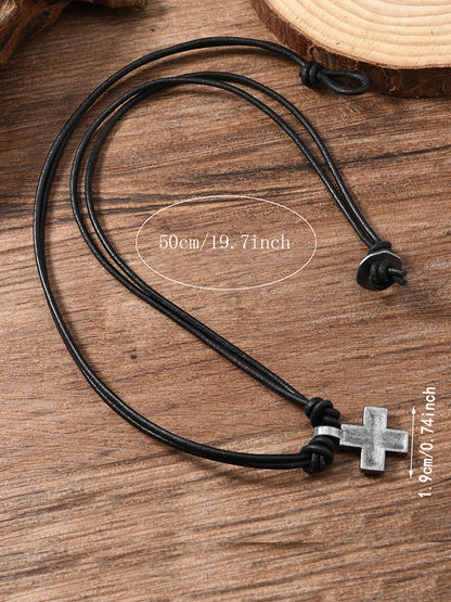 Vintage Cross Pendant Leather Necklace
