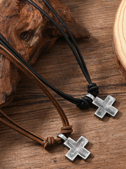 Vintage Cross Pendant Leather Necklace