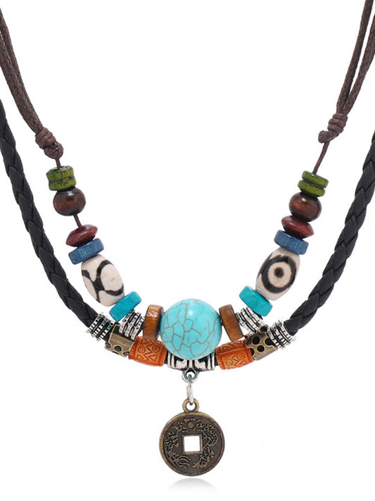 Boho Layered Turquoise Beaded Pendant Necklace