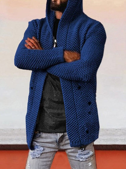 Solid Hooded Holey Sweater Coat