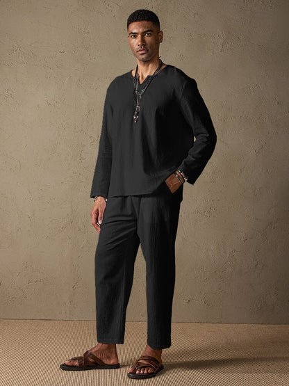 Cozy Solid Cotton and Linen Shirt Set