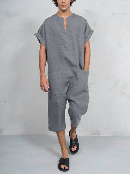 Short Sleeve Cotton Linen Jumpsuit