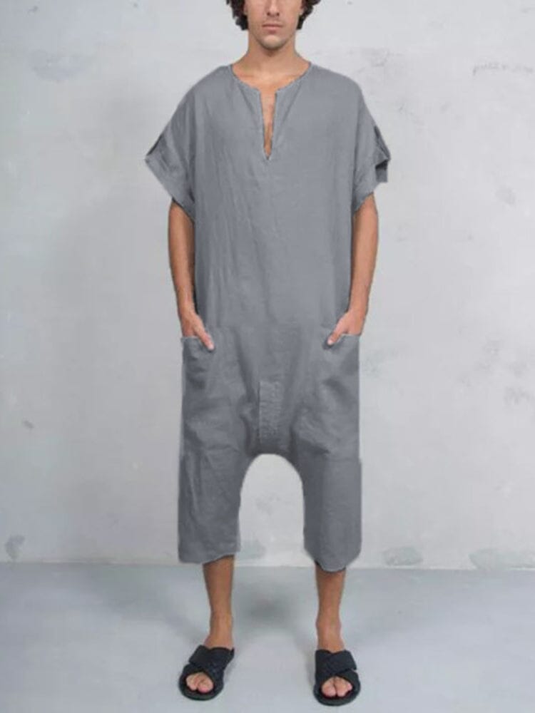 Short Sleeve Cotton Linen Jumpsuit