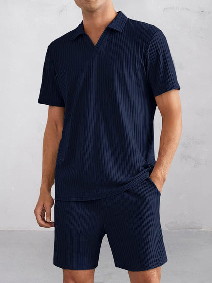 Casual Striped Textured Polo Shirt Set