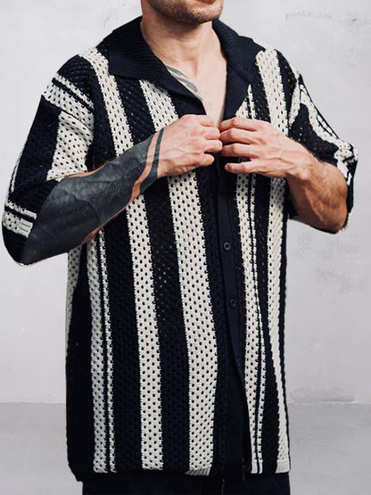 Vertical Stripe Mesh Knitted Shirt