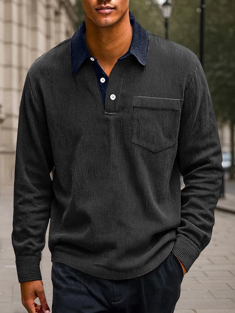 Versatile Color Block Corduroy Polo Shirt