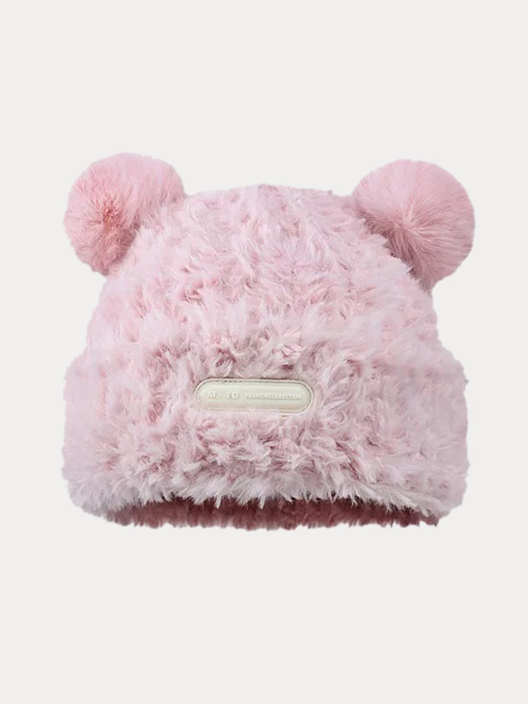 Fuzzy Bear Ears Knitted Beanie Hat