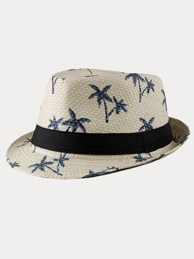 Vacation Coconut Tree Print Woven Straw Fedora Hat
