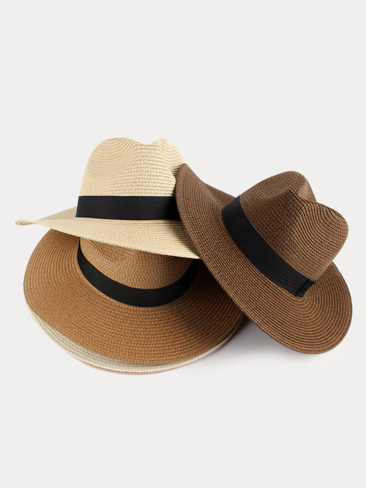 Wide Brim Sun Protection Woven Straw Fedora Hat
