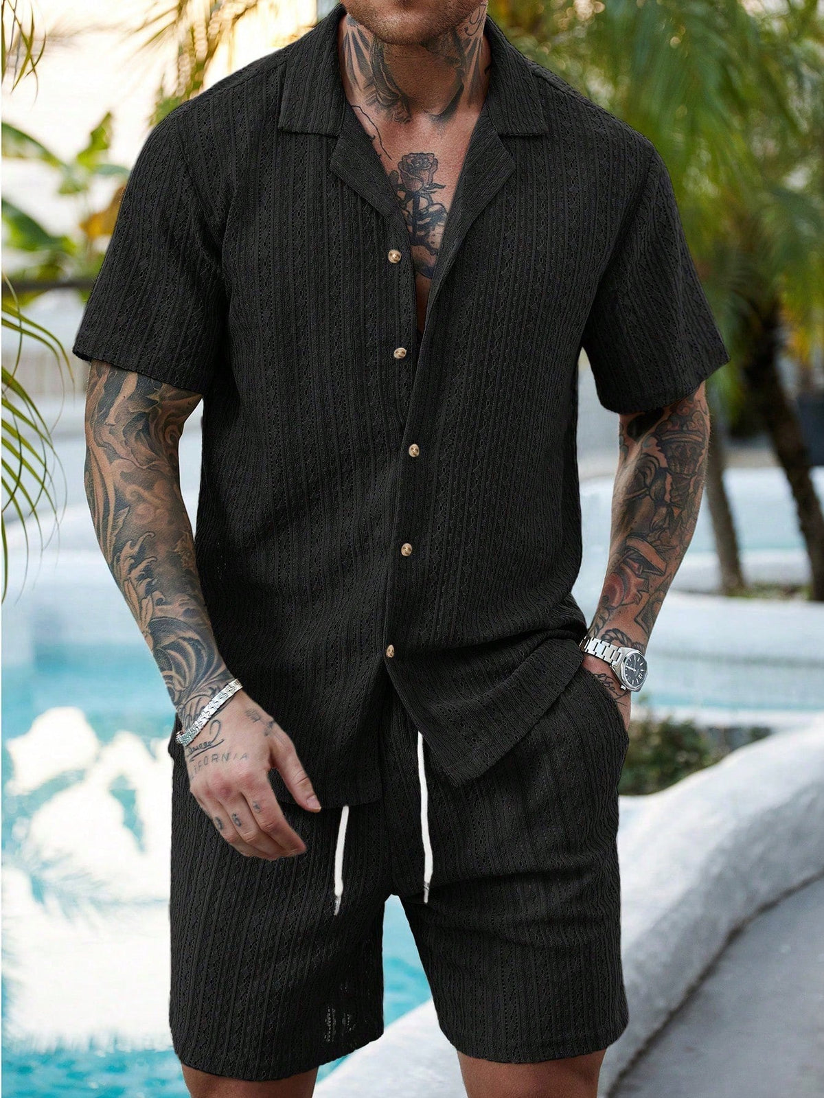 Men's Relaxed Hollow-Out Knit Resort Two-Piece Set