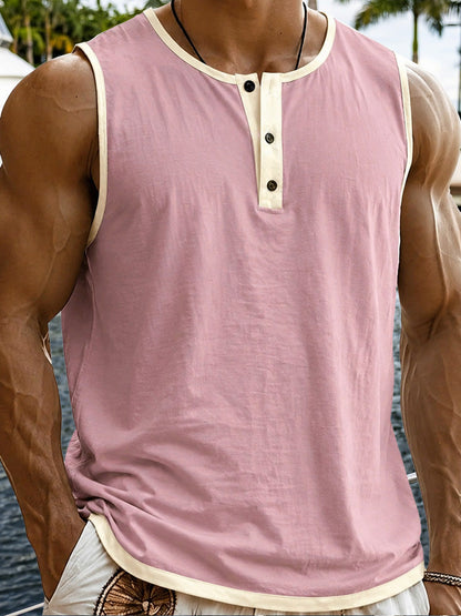 Men's Relaxed Contrast Trim Henley Sleeveless Tank Top