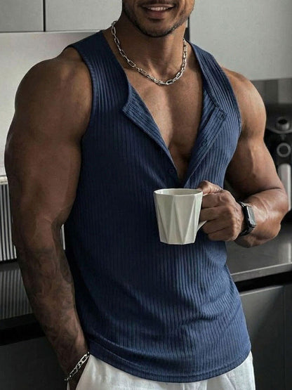 Casual Sporty Vertical Ribbed Henley Tank Top