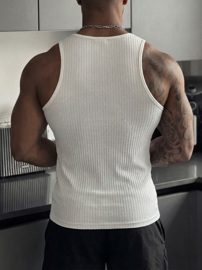 Casual Sporty Vertical Ribbed Henley Tank Top