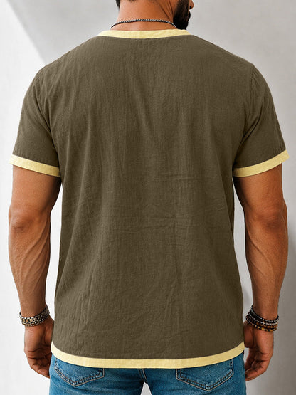 Men's Contrast Trim Henley Short Sleeve Cotton Linen Shirt