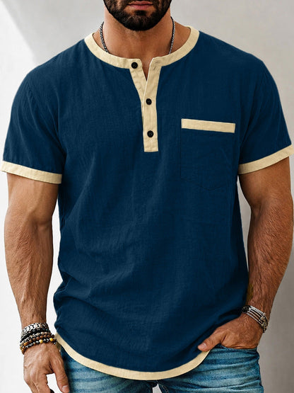 Men's Contrast Trim Henley Short Sleeve Cotton Linen Shirt