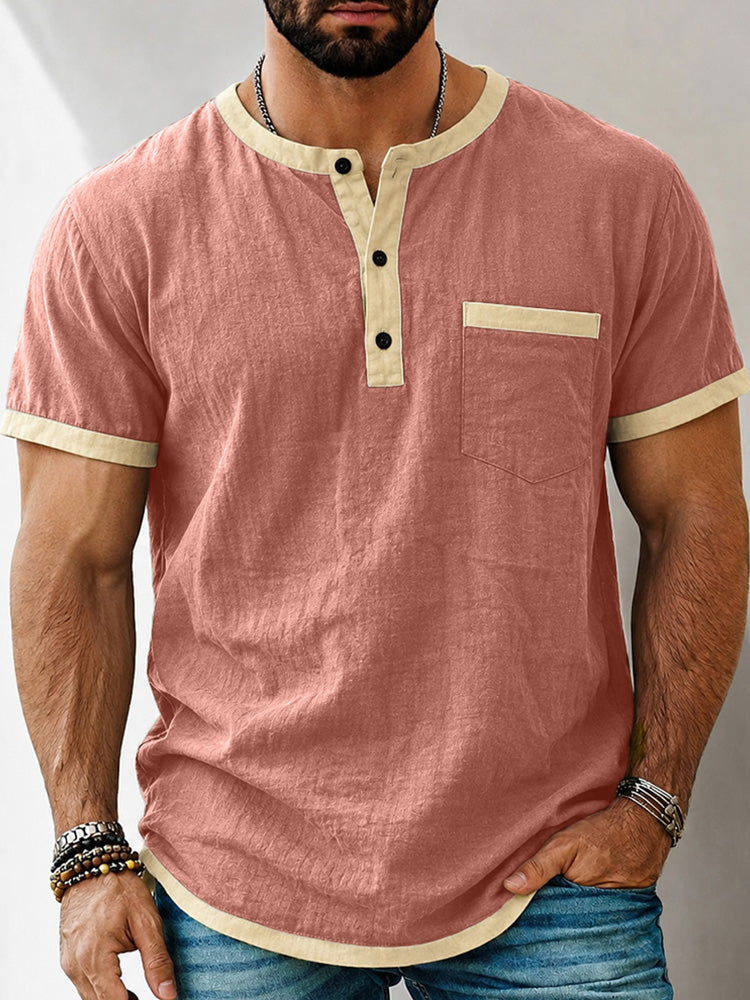 Men's Contrast Trim Henley Short Sleeve Cotton Linen Shirt
