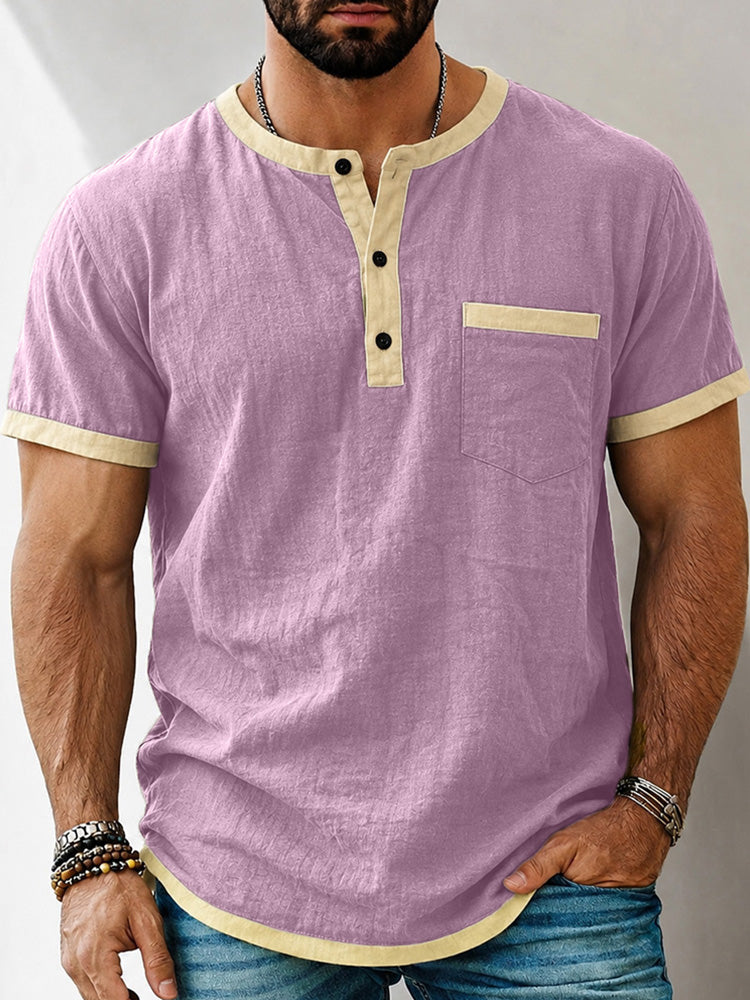 Men's Contrast Trim Henley Short Sleeve Cotton Linen Shirt