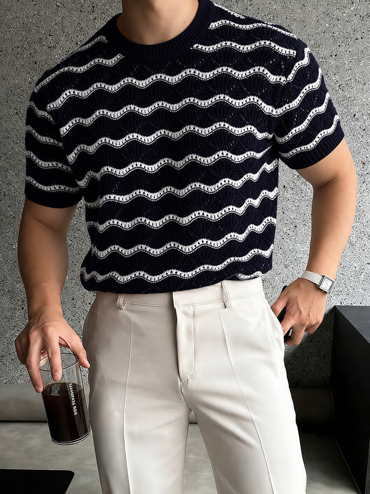 Sweater Wavy Scalloped Openwork Crew Neck Top