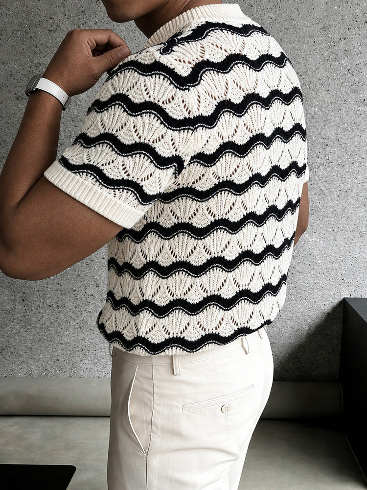 Sweater Wavy Scalloped Openwork Crew Neck Top
