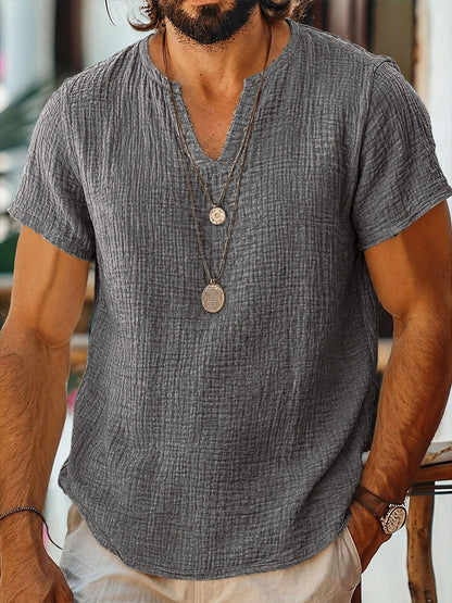 Short Sleeve Raw Edge Textured Double Gauze Casual Beach Tee