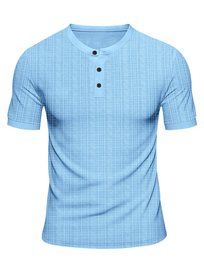 Short Sleeve Three-Button Placket Banded Collar Textured Grid Knit Casual Tee