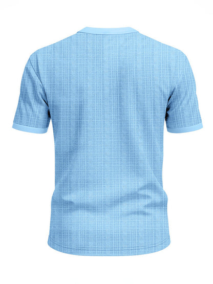 Short Sleeve Three-Button Placket Banded Collar Textured Grid Knit Casual Tee