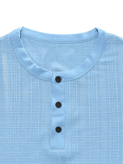 Short Sleeve Three-Button Placket Banded Collar Textured Grid Knit Casual Tee