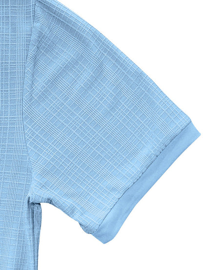 Short Sleeve Three-Button Placket Banded Collar Textured Grid Knit Casual Tee