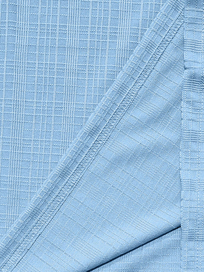 Short Sleeve Three-Button Placket Banded Collar Textured Grid Knit Casual Tee