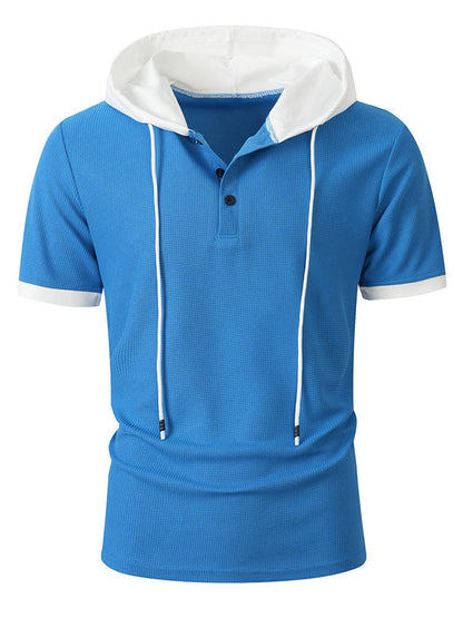 Short Sleeve Contrast Waffle Knit Casual Drawstring Tee